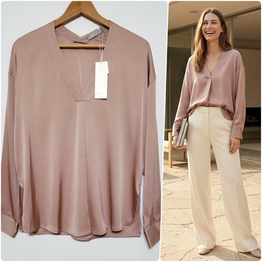 NWT Vince Crossover V-Neck Stretch Silk Crepe Blouse Rose Hip Pink Size 2 $295
